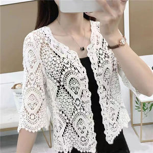 Women <b>Knitted</b> Lace <b>Shrug</b> Hollow Crochet Floral Half Sleeve Open Front Cropped Cardigan Elegant Mesh Sweater - Product Image 4