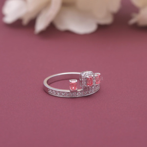 IGI Certified Fancy <b>Pink</b> Lab Grown Diamond Three Stone Ring 18K White / Rose & Yellow Gold Emerald Cut Halo Ring for Women - Product Image 4