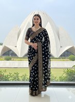 Sari en soie géorgette léger et écologique avec broderie florale et chemisier pour toutes les occasions (Gujarati)