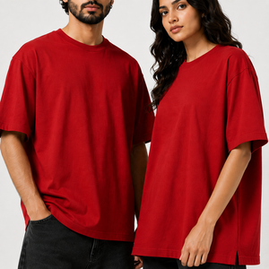 Unisex <b>Red</b> Oversized T <b>Shirt</b> with Drop Shoulder Crew Neck Short Sleeves and Relaxed Fit for Casual Streetwear - Product Image 1