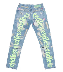 Jeans en denim pour homme de haute qualité, à taille mi-haute, avec broderie, coupe évasée, effet empilé, style vintage, super déchiré, personnalisé - Product Image 1