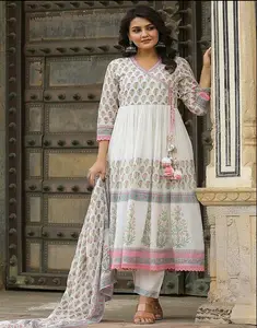 Newest White bandhej printed embroidered work Cotton kurta Wholesale Kurti Supplier All Border Gota kurti for Summer Season