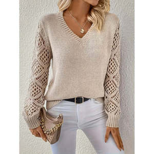 Suéter de Punto para Mujer, Manga Larga, Cuello en V, con Recortes en las Mangas y Detalle de Patrón de Diamantes, 37464 - Beige - Product Image 6