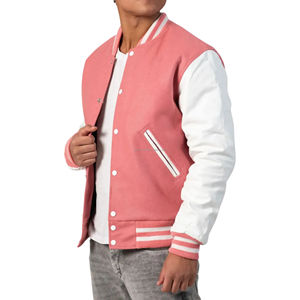 Blouson universitaire pour homme en laine avec manches en cuir, fermeture éclair, patchwork écologique, style bomber, mode pastel - Product Image 4