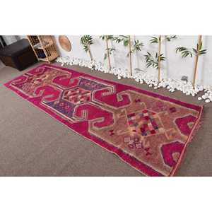 3.3x11.2 ft Vintage Herki Rug, Turkish Rug, <b>Red</b> Camouflage <b>Wool</b> Rug - Product Image 2