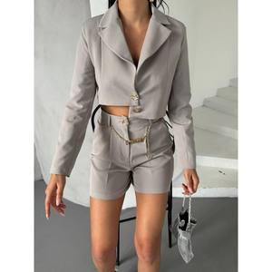 Mybeefashion Women's Gray Cotton Blend Chain Belt Jacket and Shorts Two-Piece <b>Set</b> for Casual Summer Wear - Product Image 2