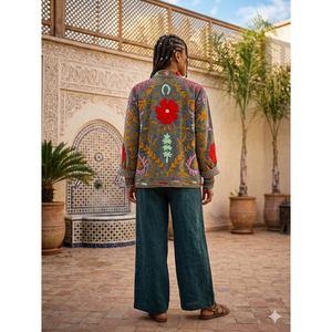 Veste Suzani artisanale réversible en velours gris ardoise, brodée à la main, avec broderie florale en tissu satiné, style Jaipur, pour l'été - Product Image 3