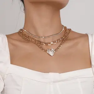 Лидер продаж, многослойные ожерелья-Чокеры в стиле панк с позолоченным сердцем и бриллиантами, Модные женские ювелирные украшения с кристаллами