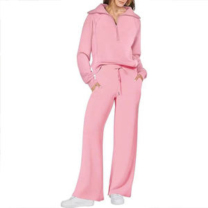Costumes deux pièces chauds couleur unie ensemble femmes automne hiver vêtements ensembles col montant fermeture éclair sweat pantalon - Product Image 4