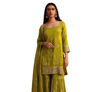 Belles paillettes vertes Kurti Sharara avec Chanderi Banarasi Dupatta femmes tenue ethnique parfaite pour la fête de mariage - Product Image 1