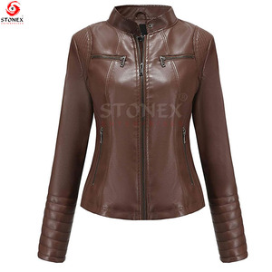 Chaquetas de cuero de manga larga de invierno de calidad superior para mujer con cuello levantado marrón teñido mejor fabricado en Pakistán - Product Image 6