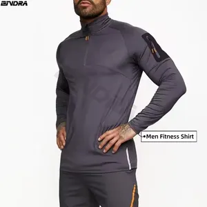 Kaus daur ulang olahraga pria, atasan latihan Logo kustom, pakaian olahraga lari, baju kompresi setengah ritsleting, lengan panjang, baju olahraga daur ulang untuk pria