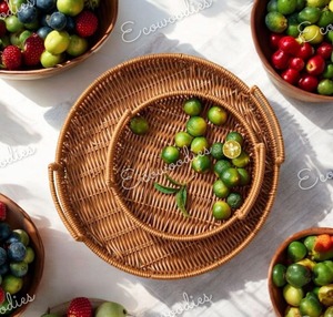 Handmade Scandinavian Creative Rattan Wicker Tray Unique Design Natural Fruit Snacks Storage Tea <b>Shelving</b> Tray for Bathroom Use - Product Image 6