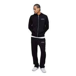 Ensemble de survêtement pour homme, sweat à capuche zippé court à logo personnalisé, coupe classique, léger, en molleton français, impression DTG, pantalon de jogging à jambe droite - Product Image 1