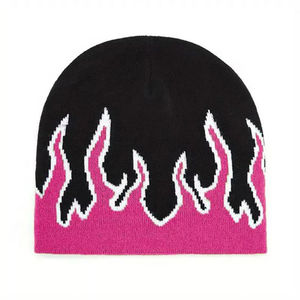 หมวกบีนนี่ลายเปลวไฟสำหรับทั้งชายและหญิงหมวกบีนนี่คอตต้อนถักสีดำโลโก้ผ้าแจ็คการ์ดหมวกบีนนี่ - Product Image 1