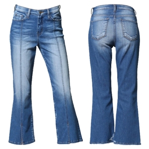 Jean en denim évasé taille haute pour femme, style vintage écologique, mélange polyester/coton, fermeture éclair, longueur intégrale - Product Image 1