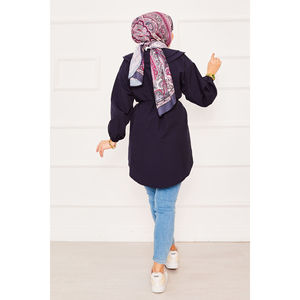 Navy Blue Modest Chiffon <b>Top</b> Double-Collared Drawstring Waist Long Printed Lace Embroidery Button <b>Sequined</b> <b>Plus</b> <b>Size</b> Option - Product Image 5