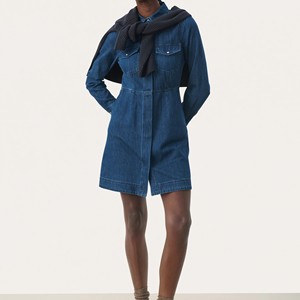 Robe-chemise décontractée au genou en denim pour femmes sans manches, taille élastique, dentelle, respirante, écologique, vêtements de mode en vrac - Product Image 2