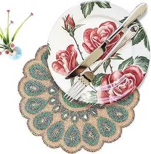 Tapis de table en verre rond de 14 pouces fait à la main perles blanches élégantes avec perles argentées et dorées tapis et tampons de qualité supérieure - Product Image 2