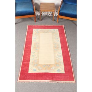 Alfombra vintage de 3.7x5.9 pies, alfombra turca pequeña, geométrica roja y beige con elementos florales. - Product Image 1