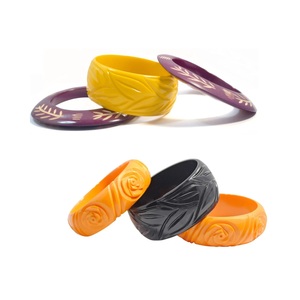 Meilleurs ensembles de bracelets vintage en résine acrylique, motifs végétaux mignons, jaune, violet, orange, noir, bracelets en résine faits à la main, bijoux unisexes - Product Image 1