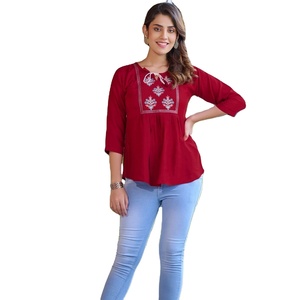 Nouveau haut occidental fantaisie d'été en rayonne lourde avec travail de broderie méthode de tissage tissée d'impression numérique élégante et confortable - Product Image 1