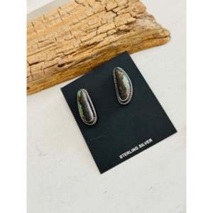 Ethnic Style Navajo Made <b>Stud</b> Earrings Black Jack Turquoise & Sterling <b>Silver</b> Post with Bezel Setting - Product Image 4