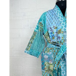 Chaqueta Reversible de Algodón Kantha para Mujer, Color Verde Pastel, Estilo Bohemio con Estampado de Mono, Kimono Tejido, Abrigo Largo - Product Image 3