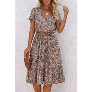 Vestido Midi Suprem con Cuello en V y Cintura Elástica, Kadin Kisa Kollu, 38420 - Leopardo - Product Image 3