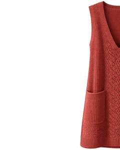 Chaleco de Punto sin Mangas para Mujer, Color Rojo Óxido, con Patrón de Encaje, Bolsillos Delanteros, Informal, para Invierno, OEM de Fábrica - Product Image 3