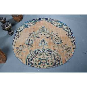 Vintage Turkish <b>Rug</b> Beige Blue 4.9 X 4.9ft Wool Patchwork Flat Weave for Teen Living Room Decorations with Latex Backing - Product Image 1