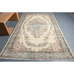 Tapis en Latex de Laine Turque Vintage 6.1X9.5 pieds Beige Bleu Patchwork Design pour Décorations de Salon - Product Image 1