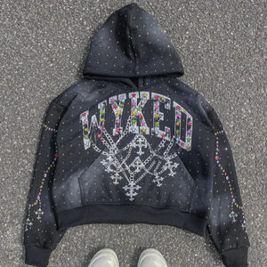 Personalizado de los hombres de algodón Vintage Zip-Up de gran tamaño Waffle de punto de ácido lavado de diamantes de imitación 100% algodón Crop sólido con capucha para los hombres - Product Image 1