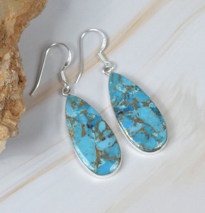 Pendientes de cobre turquesa, pendiente de gancho de piedras preciosas de Plata de Ley 925, piedra natal de diciembre, joyería hecha a mano, regalo en forma de pera para ella - Product Image 3