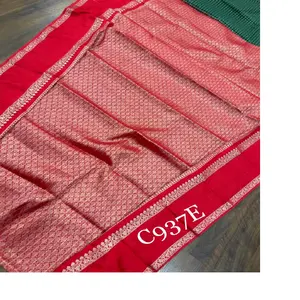 Sari di seta di broccato su misura fatti a mano disponibili in colore rosso su misura ideali per la rivendita da designer tessili