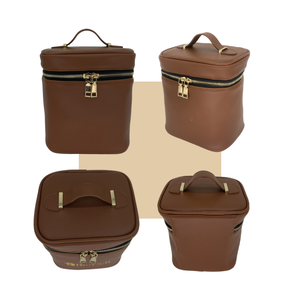 Bolsa de cosméticos de maquillaje personalizada con logotipo personalizado, bolsas de cosméticos de maquillaje de material PU marrón claro con cremallera - Product Image 5