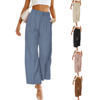 Pantalon large plissé taille haute pour femme, couleur unie, coupe décontractée, longueur cheville, avec poches et braguette boutonnée en coton, idéal pour l'été