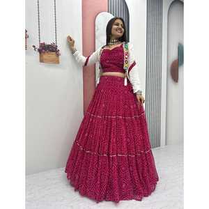 Lanzamiento de Ropa Festiva Moderna: Lehenga Choli en Tela Georgette Bandhej con Trabajo Manual Real y Adornos de Espejos para Fiestas - Product Image 1