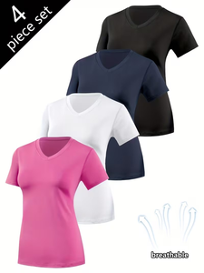 Camiseta Casual de Manga Corta para Mujer, Tejido de Punto de Poliéster de Color Sólido de Alta Calidad, Ecológica, de Secado Rápido, para Verano - Product Image 2