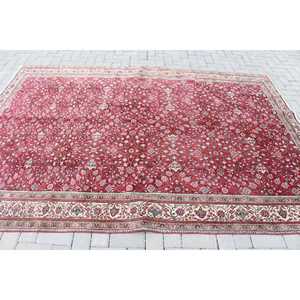 Tapis turc vintage en laine 6,4x9,1 pieds, motif patchwork rouge, avec support en latex écologique - Product Image 3