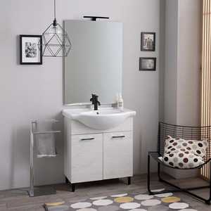 75cm Floor-Standing Bathroom Cabinet with 2 White Oak <b>Doors</b> Sink <b>Mirror</b> and Ravenna Lamp - Product Image 1