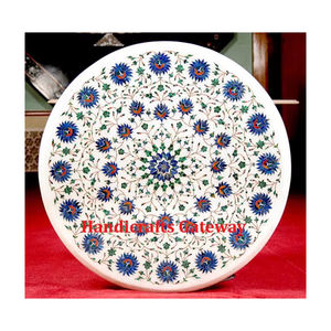 Magnifique table à thé ronde en marbre blanc naturel avec incrustations de fleurs faites à la main, utilisée dans les restaurants - Product Image 1