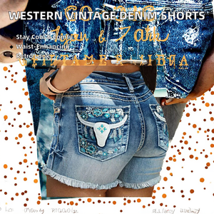 Shorts en jean vintage pour femme, taille haute, bleu, broderie tête de taureau, coupe droite, respirant, style western, vente en gros - Product Image 2