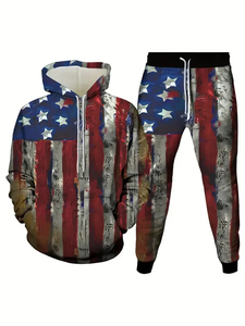 Conjuntos de sudaderas con capucha Chándal de moda para hombres Vintage Stars And Stripes Print 3D Impreso Sudadera con capucha y pantalones Streetwear Conjunto de 2 piezas - Product Image 4