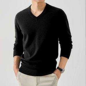 Pull en cachemire léger à col en V pour homme, coupe ajustée, élégant et décontracté, à manches longues, avec logo sur le devant, pour l'hiver - Product Image 6