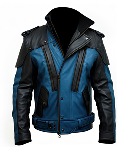 Elegant Men's Custom Leather Jacket with Blue Black Sheepskin Stand Collar Asymmetric <b>Belt</b>-Fashionable Style - Product Image 1
