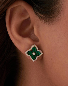 Élégantes boucles d'oreilles clous Bunchberry avec monture diamant, 0,59 ct de diamant naturel couleur G-H, clarté VS, malachite, nacre, or massif 14K, cadeau - Product Image 3