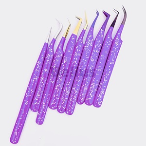 แหนบขนตาสีม่วงแวววาวเครื่องมือต่อขนตาที่มีความแม่นยำสูงเคลือบเงาพร้อมตัวเครื่องสแตนเลสสำหรับพัดลมเพิ่มวอลลุ่มงานตามสั่ง - Product Image 2