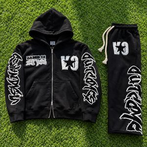 Ensemble de survêtement streetwear hiver personnalisé pour homme, coupe oversize, avec sweat à capuche zippé et pantalon de jogging, broderie graffiti, OEM, marque privée - Product Image 1