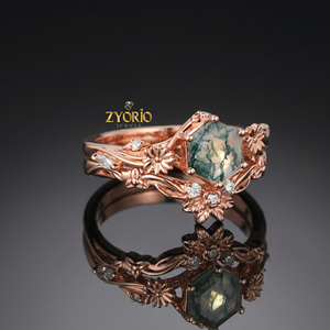 Anillo de compromiso floral de ágata musgosa de oro de 10K, conjunto de anillos nupciales hexagonales de ágata musgosa con diseño de hoja y enredadera - Product Image 6